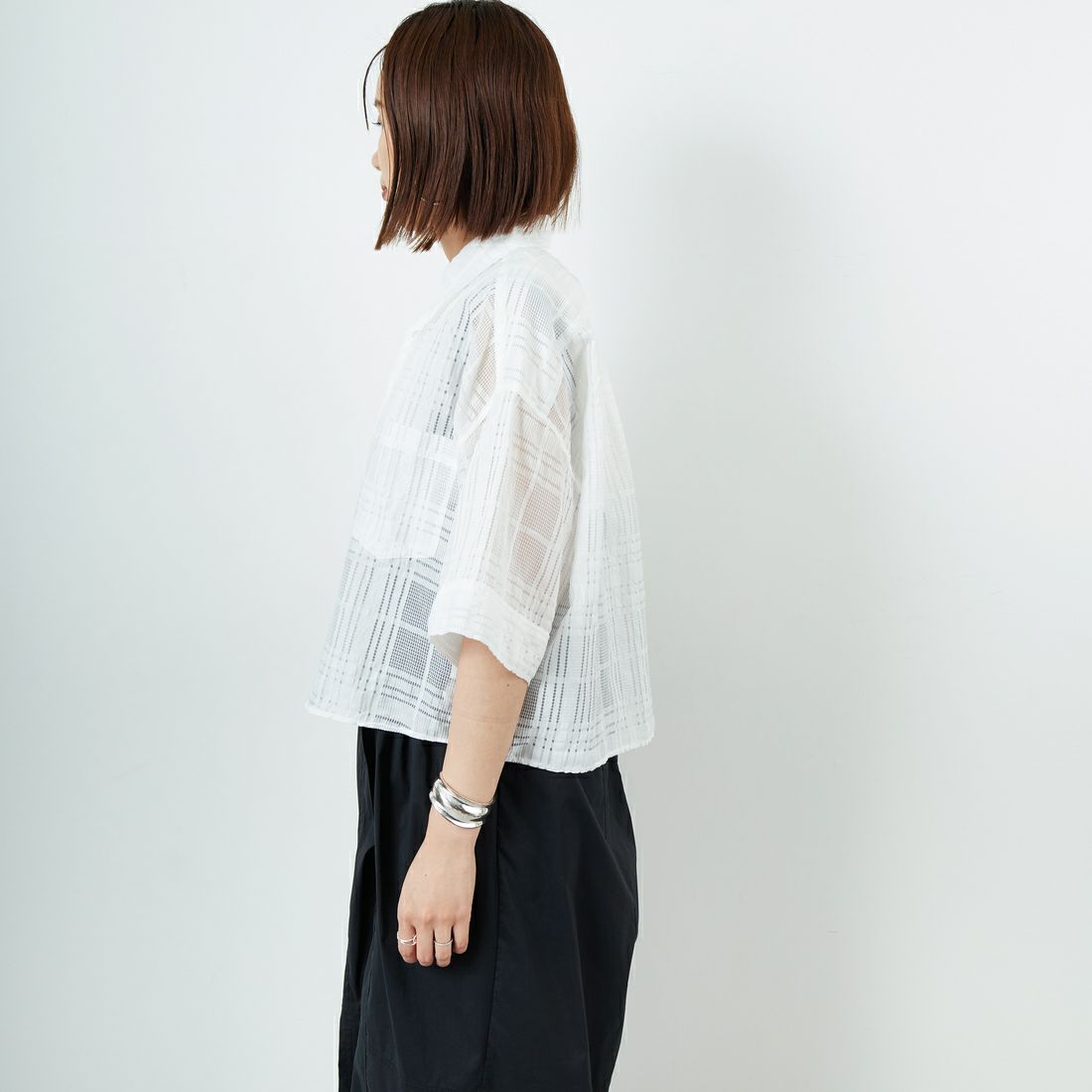 TICCA [ティッカ] レースチェックジャガード半袖シャツ [TBES-091] WHITE &&モデル身長：160cm 着用サイズ：F&&