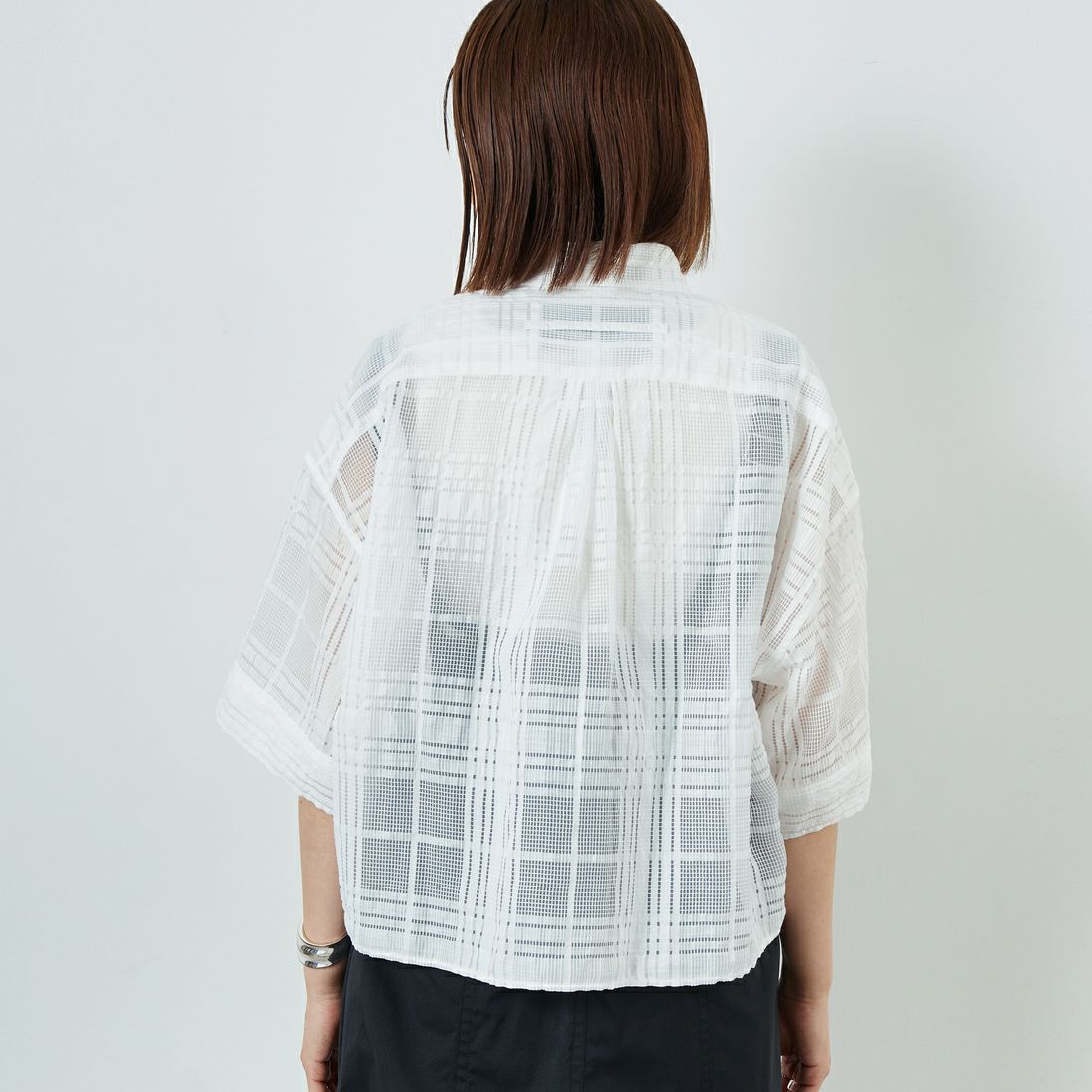 TICCA [ティッカ] レースチェックジャガード半袖シャツ [TBES-091] WHITE &&モデル身長：160cm 着用サイズ：F&&