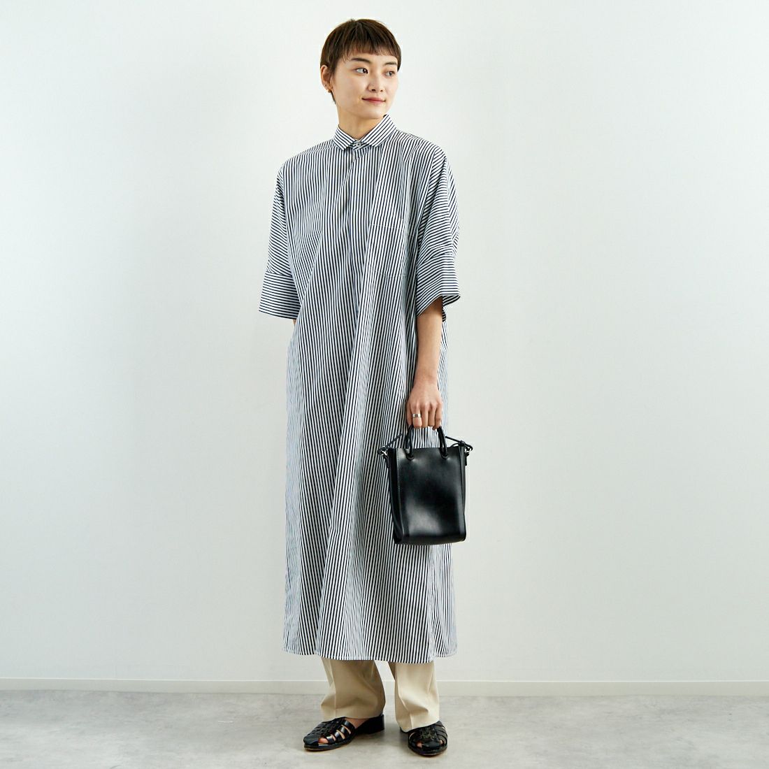 TICCA [ティッカ] テント半袖シャツワンピース [TBES-016] NVY STRIPE &&モデル身長：160cm 着用サイズ：F&&