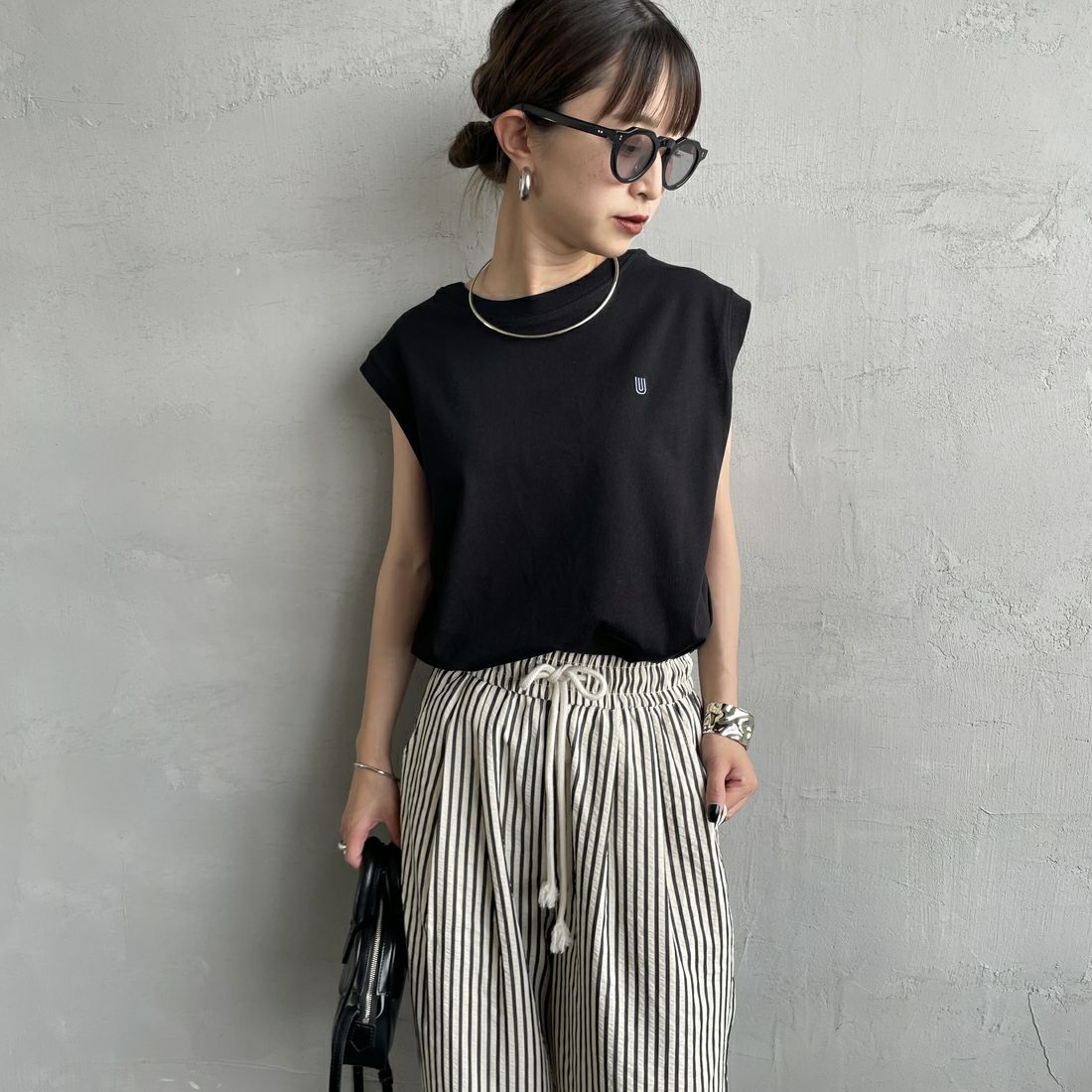 UNIVERSAL OVERALL [ユニバーサルオーバーオール] 別注 ワンポイントロゴ刺繍 ノースリーブカットソー [U2512250IN-JF] GRY BORDER