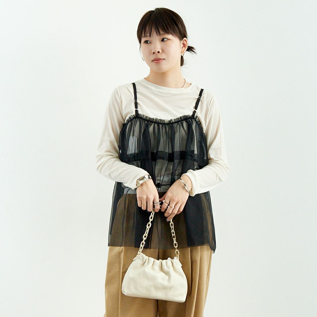 Jf Ready Made [ジェイエフレディメイド] チュールキャミソール [3111103] 801 ﾌﾞﾗｯｸ &&モデル身長：167cm 着用サイズ：F&&