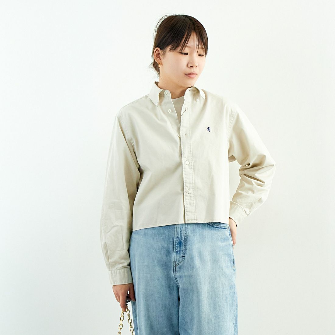 Gymphlex [ジムフレックス] ショートボタンダウンシャツ [GY-B0203BIT] SAND BEIGE &&モデル身長：167cm 着用サイズ：12&&