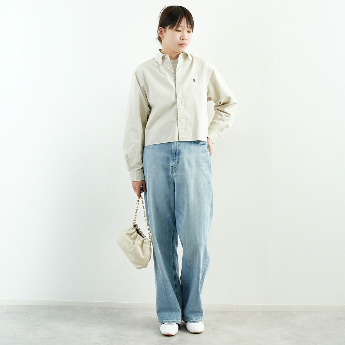 Gymphlex [ジムフレックス] ショートボタンダウンシャツ [GY-B0203BIT] SAND BEIGE &&モデル身長：167cm 着用サイズ：12&&