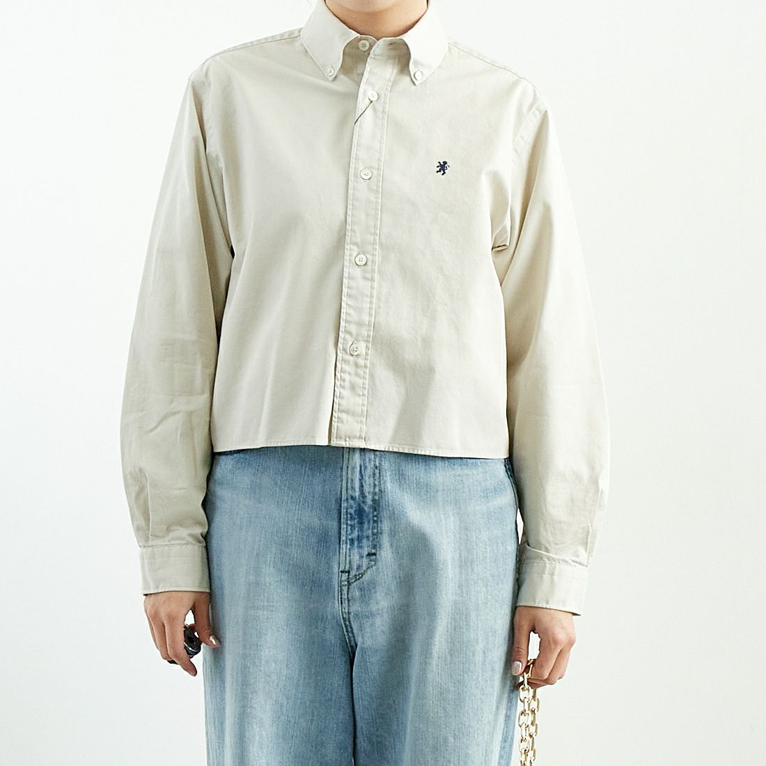 Gymphlex [ジムフレックス] ショートボタンダウンシャツ [GY-B0203BIT] SAND BEIGE &&モデル身長：167cm 着用サイズ：12&&