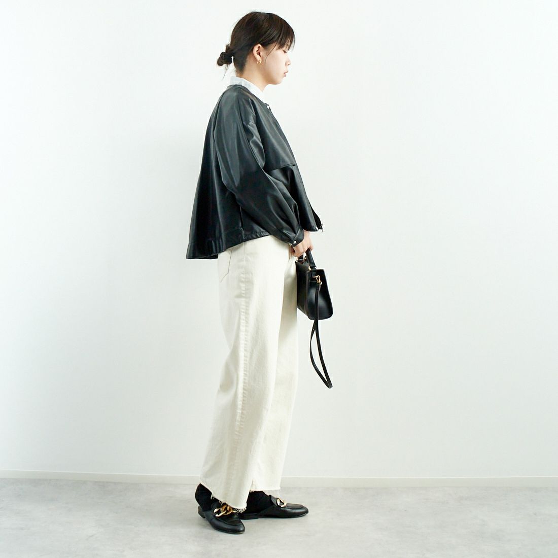 Jeans Factory Clothes [ジーンズファクトリークローズ] マットソフトフェイクレザーブルゾン [785024] 03 ﾌﾞﾗｯｸ &&モデル身長：167cm 着用サイズ：F&&