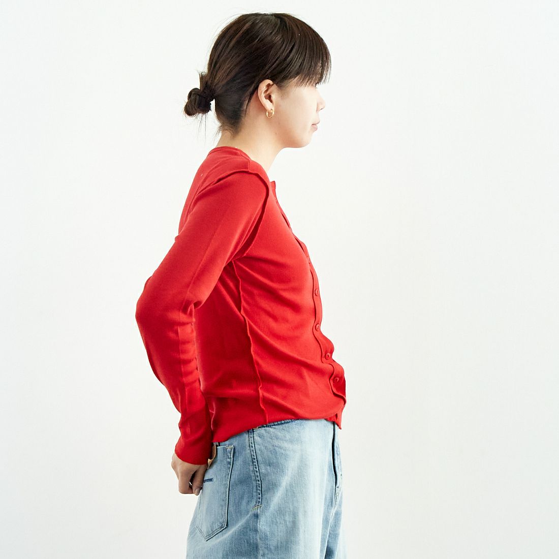 MEYAME [メヤメ] サイドステッチリブカーディガン [MEY-1835] RED &&モデル身長：167cm 着用サイズ：F&&