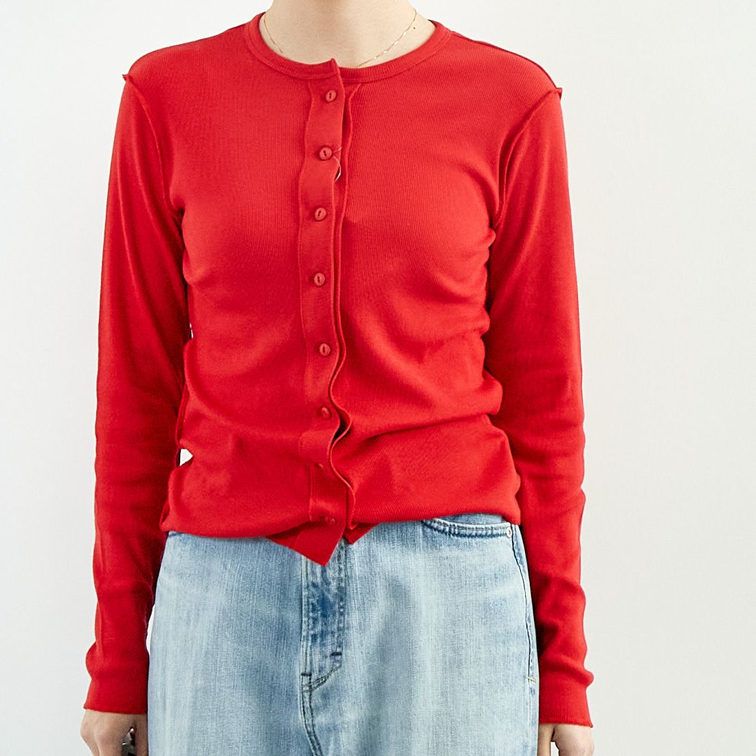 MEYAME [メヤメ] サイドステッチリブカーディガン [MEY-1835] RED &&モデル身長：167cm 着用サイズ：F&&