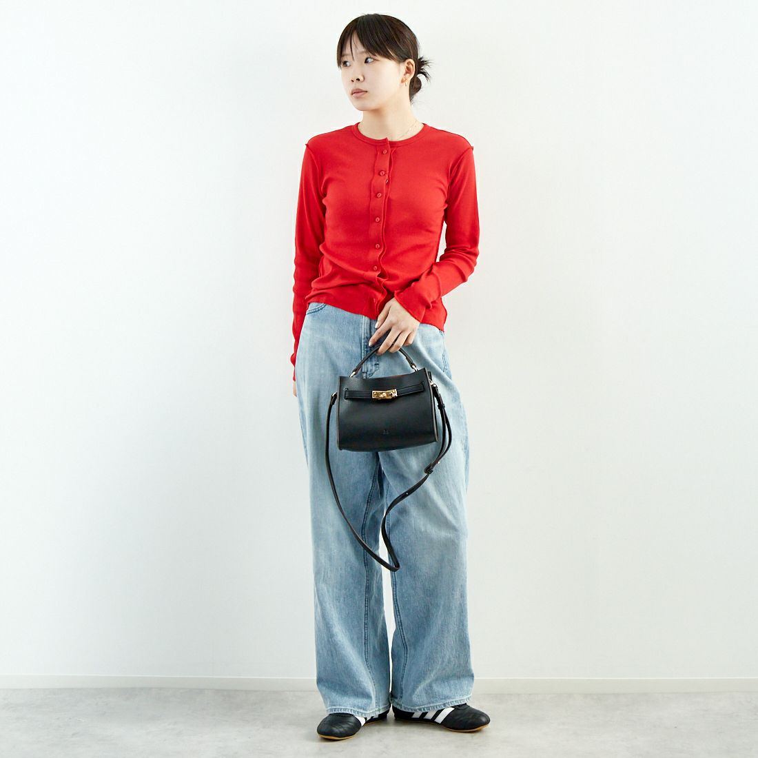MEYAME [メヤメ] サイドステッチリブカーディガン [MEY-1835] RED &&モデル身長：167cm 着用サイズ：F&&