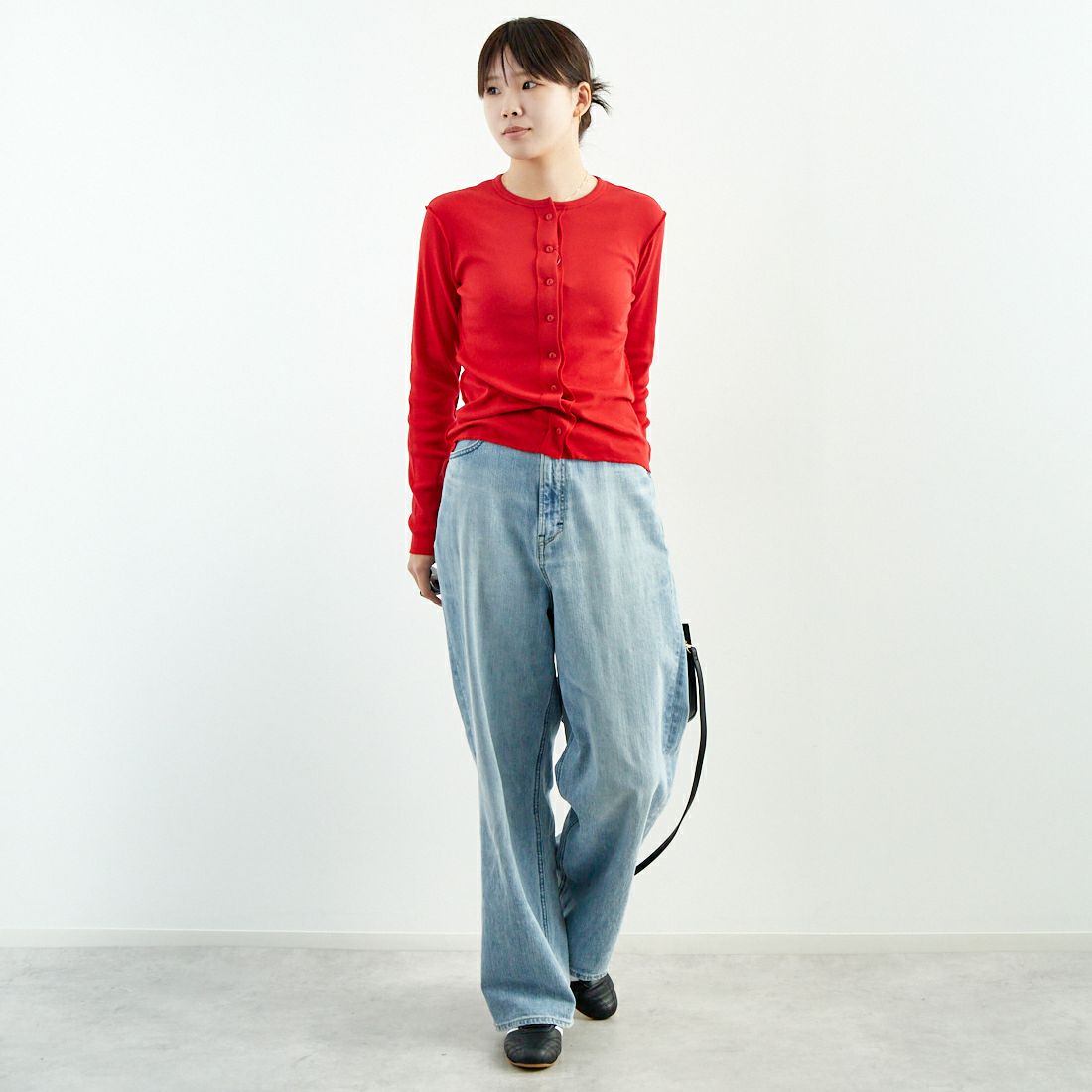 MEYAME [メヤメ] サイドステッチリブカーディガン [MEY-1835] RED &&モデル身長：167cm 着用サイズ：F&&