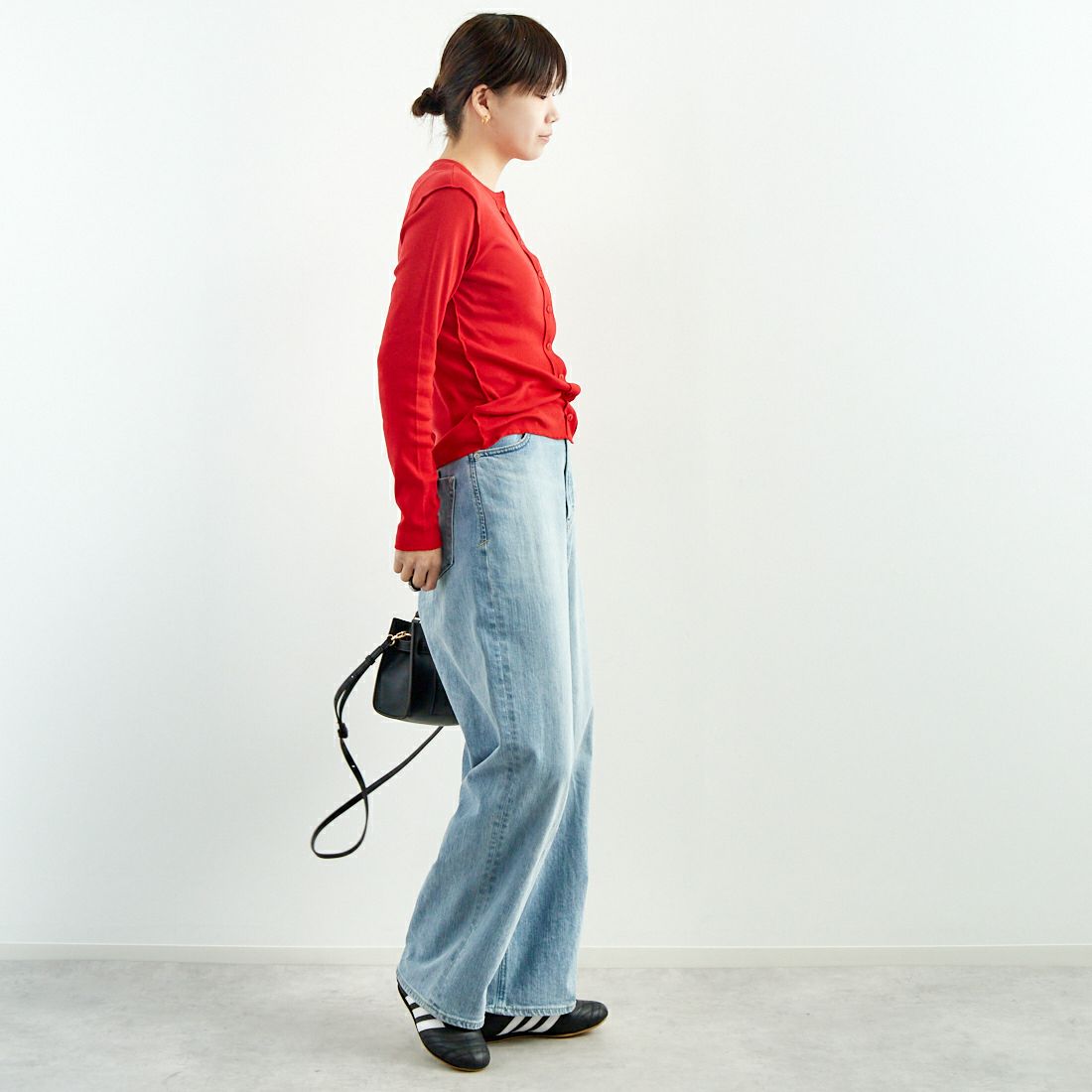 MEYAME [メヤメ] サイドステッチリブカーディガン [MEY-1835] RED &&モデル身長：167cm 着用サイズ：F&&