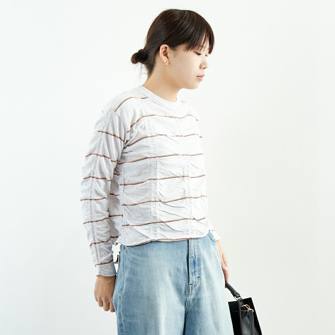 MEYAME [メヤメ] タックジャガードボーダープルオーバー [MEY-1829] H.GREY &&モデル身長：167cm 着用サイズ：F&&