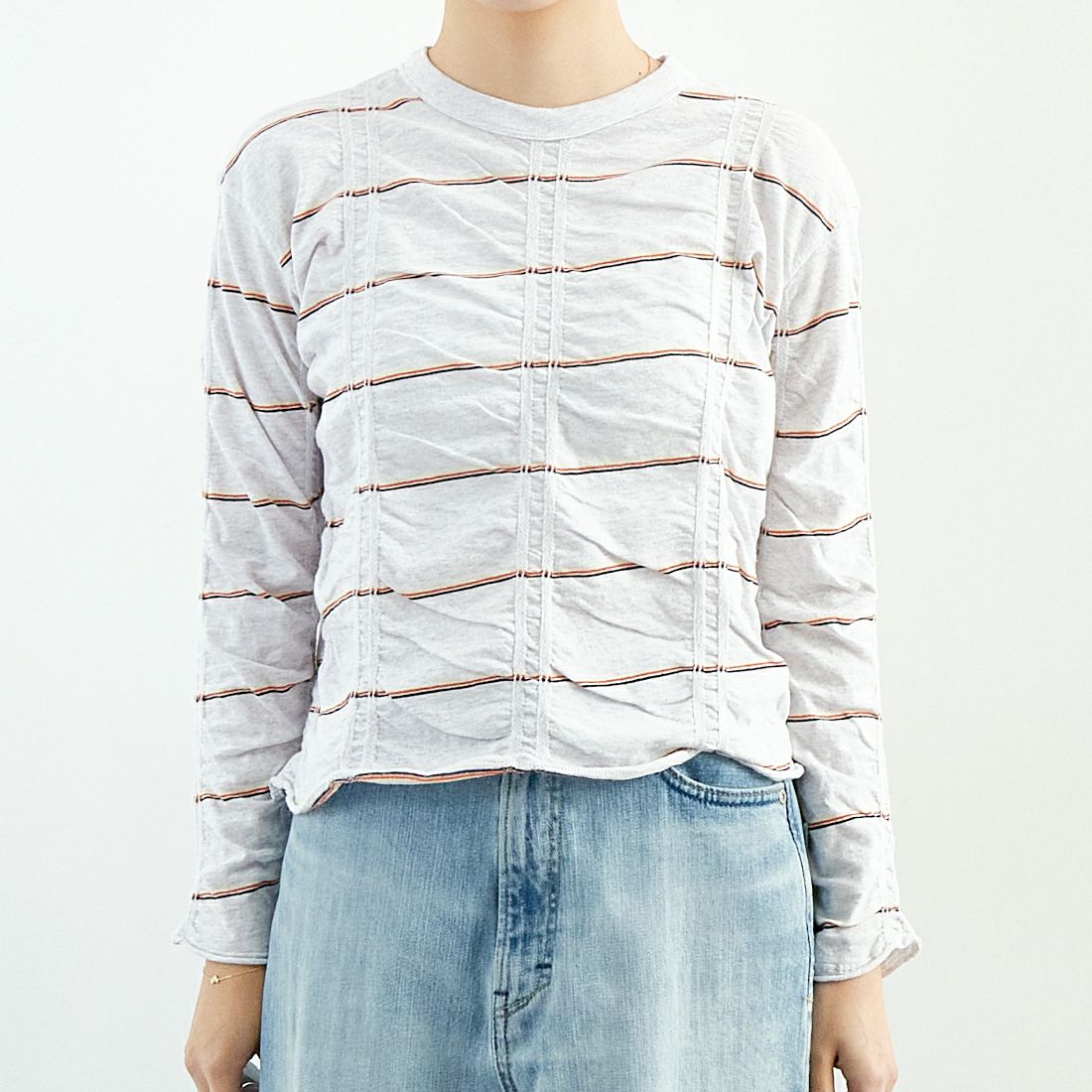 MEYAME [メヤメ] タックジャガードボーダープルオーバー [MEY-1829] H.GREY &&モデル身長：167cm 着用サイズ：F&&