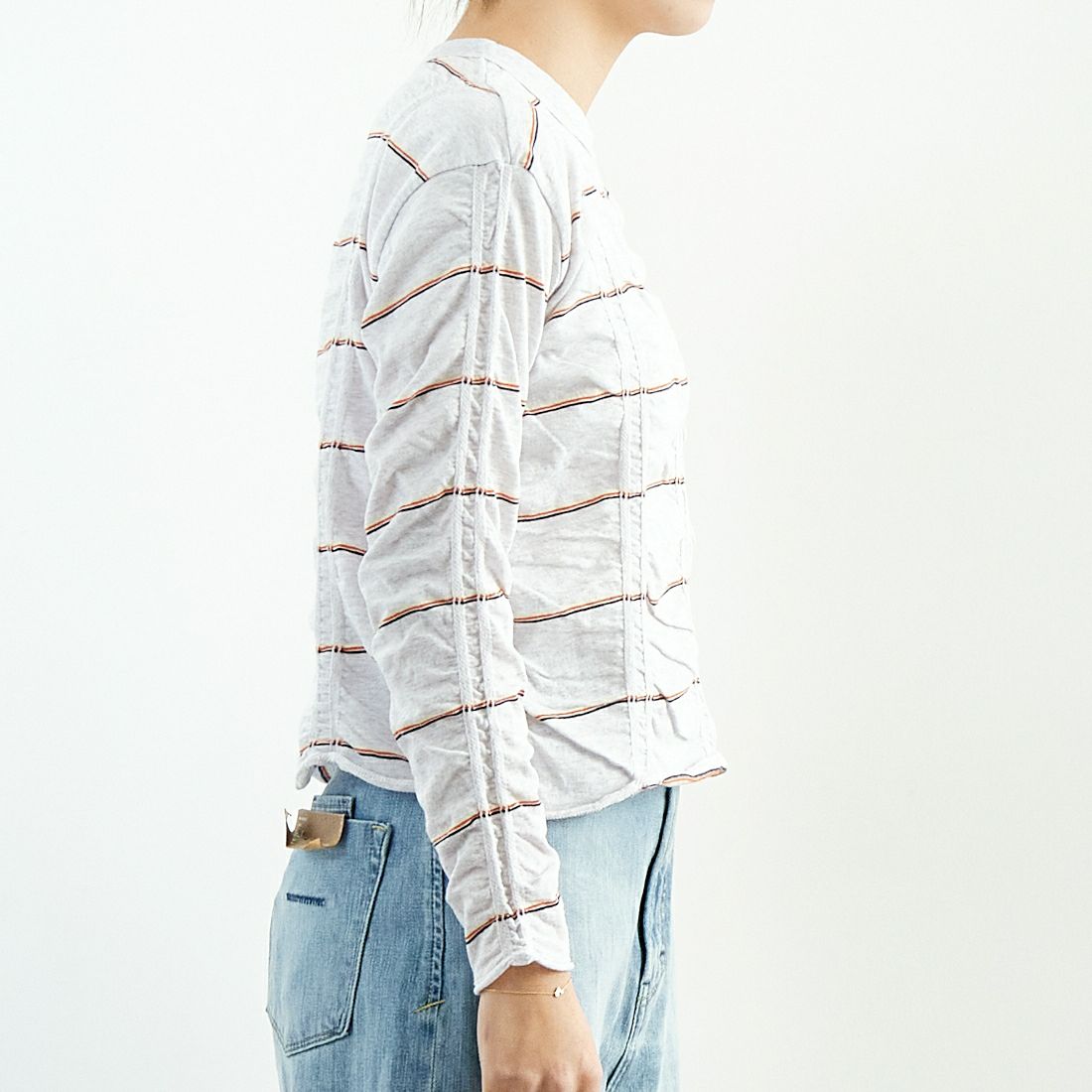 MEYAME [メヤメ] タックジャガードボーダープルオーバー [MEY-1829] H.GREY &&モデル身長：167cm 着用サイズ：F&&