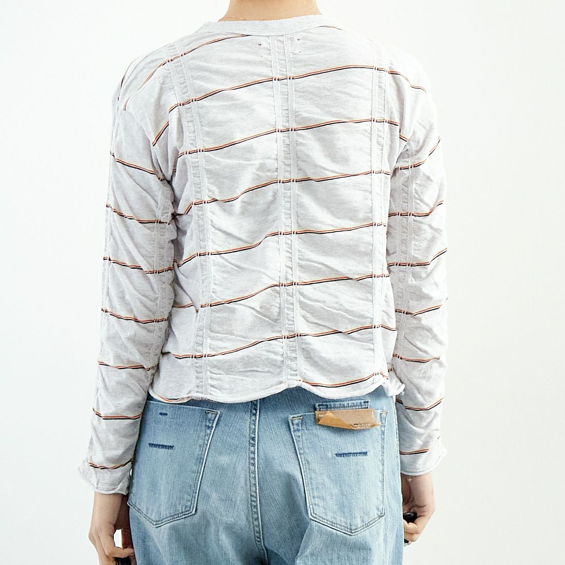 MEYAME [メヤメ] タックジャガードボーダープルオーバー [MEY-1829] H.GREY &&モデル身長：167cm 着用サイズ：F&&
