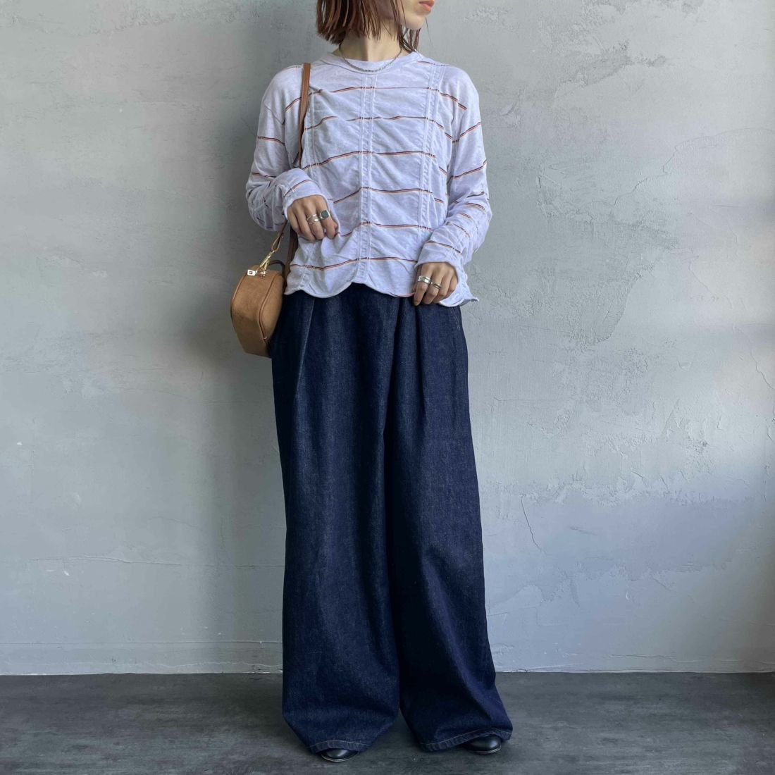 MEYAME [メヤメ] タックジャガードボーダープルオーバー [MEY-1829] H.GREY &&モデル身長：167cm 着用サイズ：F&&