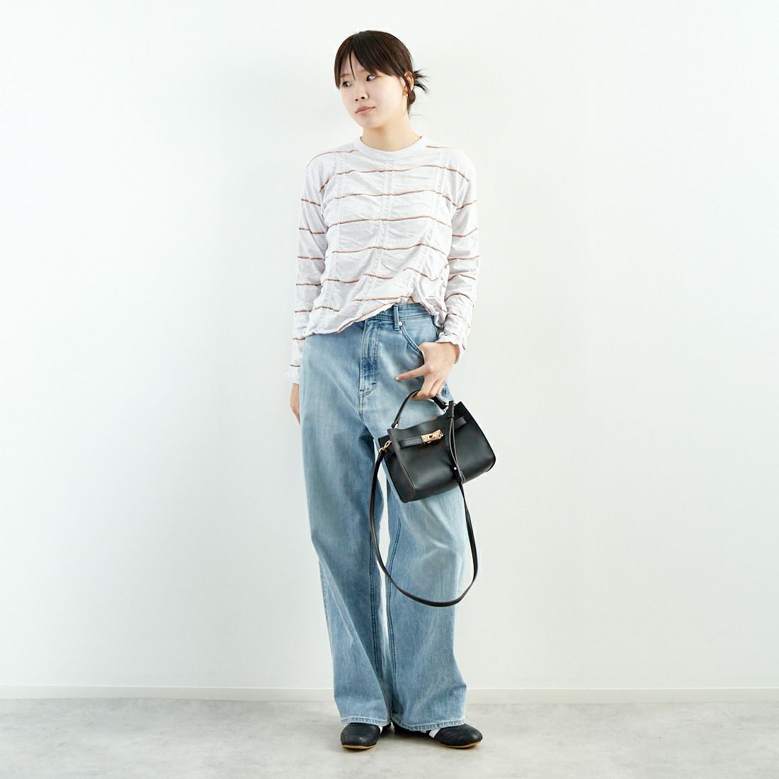 MEYAME [メヤメ] タックジャガードボーダープルオーバー [MEY-1829] H.GREY &&モデル身長：167cm 着用サイズ：F&&
