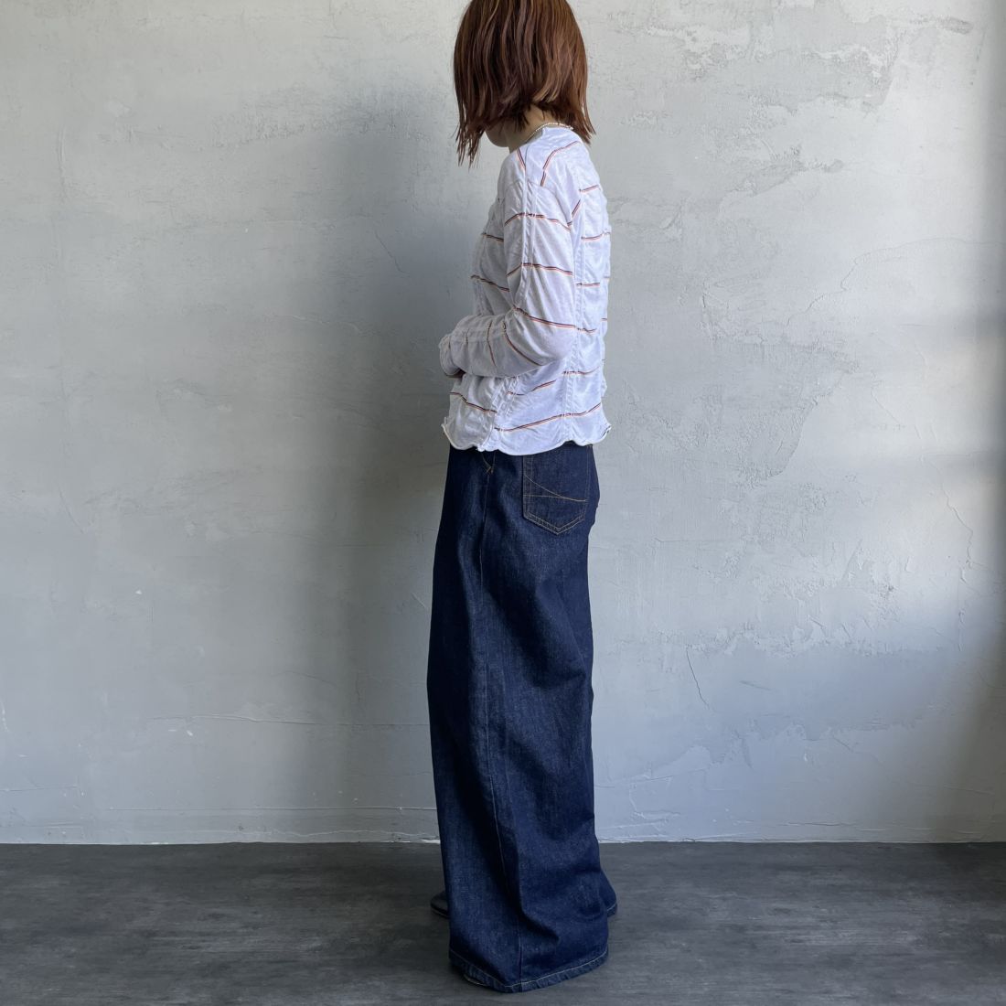 MEYAME [メヤメ] タックジャガードボーダープルオーバー [MEY-1829] H.GREY &&モデル身長：167cm 着用サイズ：F&&