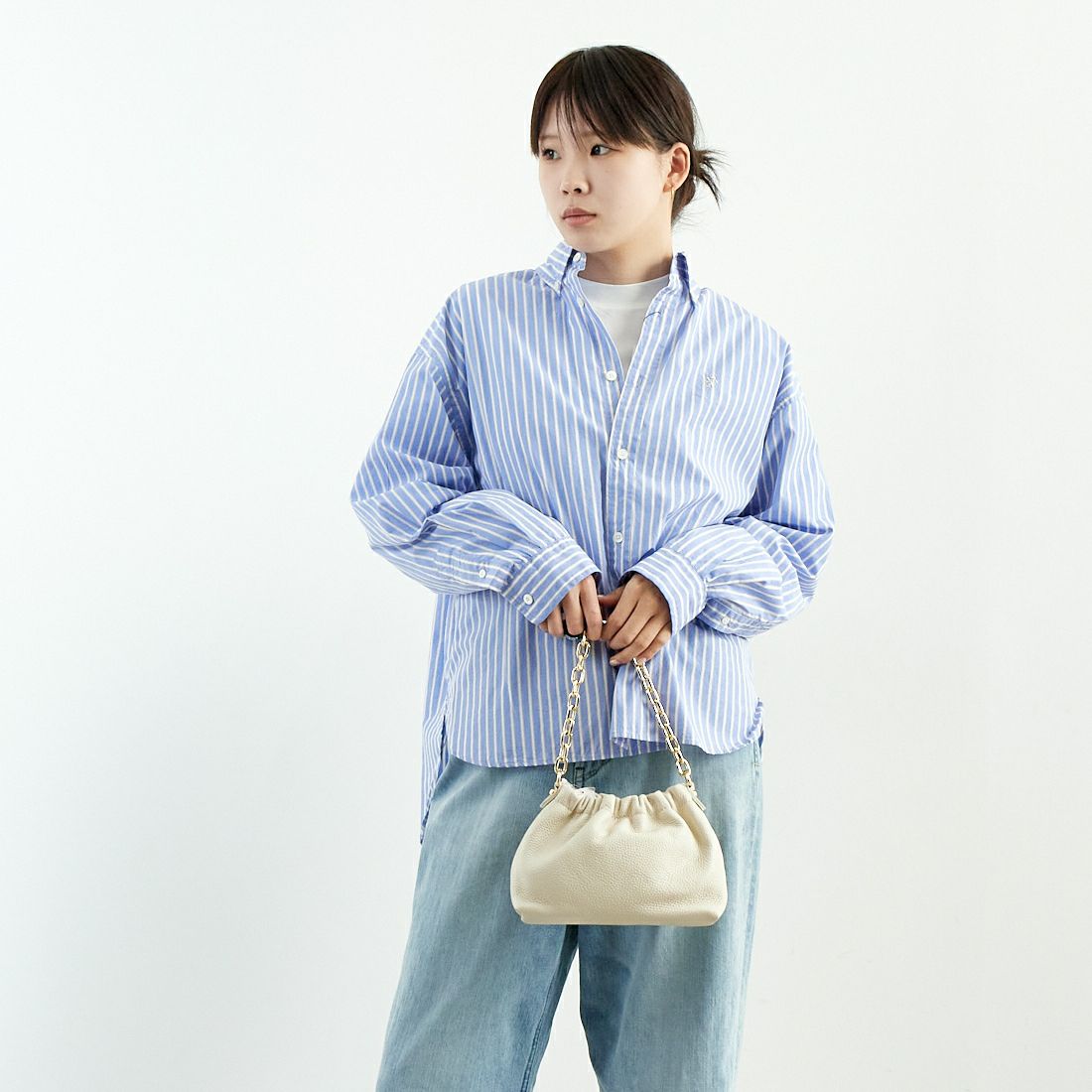 Gymphlex [ジムフレックス] ワンポイントロゴ刺繍 ボタンダウンシャツ [GY-B0198PSE] BLU/BEG ST &&モデル身長：167cm 着用サイズ：14&&
