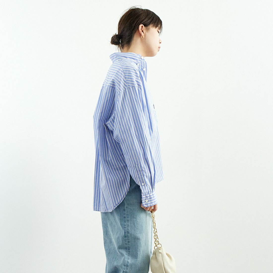 Gymphlex [ジムフレックス] ワンポイントロゴ刺繍 ボタンダウンシャツ [GY-B0198PSE] BLU/BEG ST &&モデル身長：167cm 着用サイズ：14&&