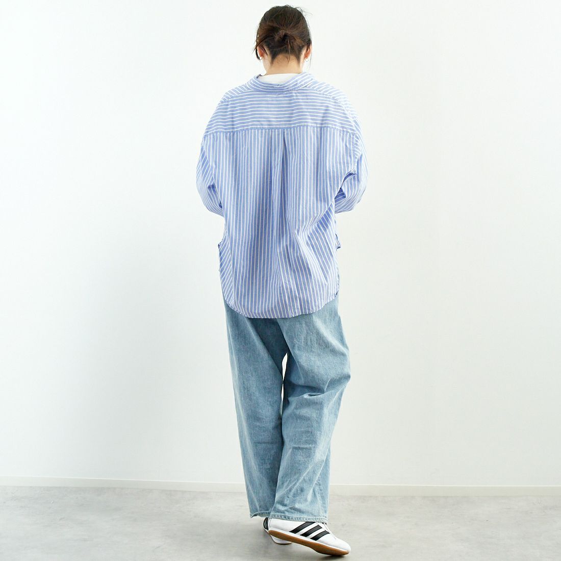 Gymphlex [ジムフレックス] ワンポイントロゴ刺繍 ボタンダウンシャツ [GY-B0198PSE] BLU/BEG ST &&モデル身長：167cm 着用サイズ：14&&