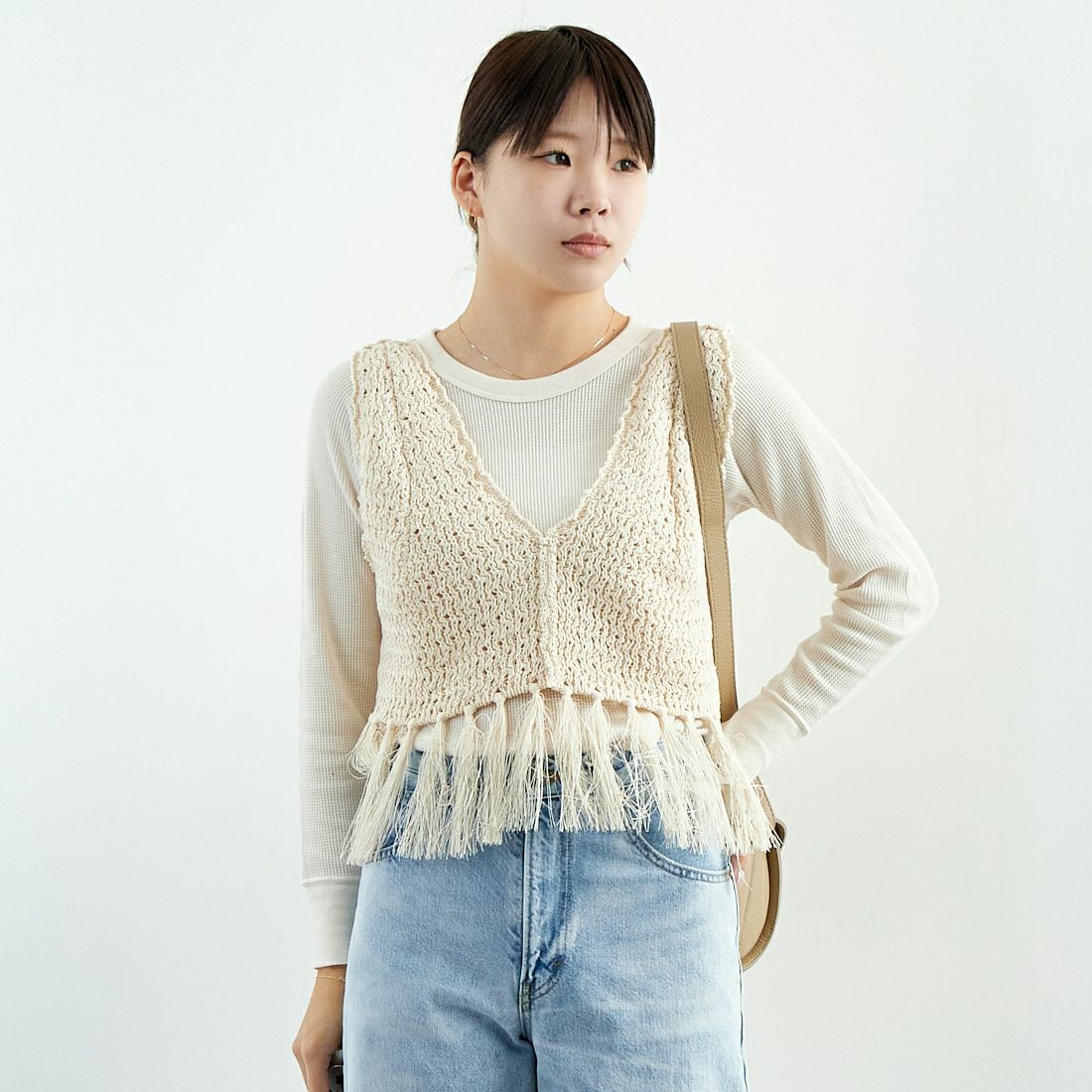 UNFIL [アンフィル] ダブルハニカムメッシュ フリンジニット [WVSP-UW112] MILK &&モデル身長：167cm 着用サイズ：1&&