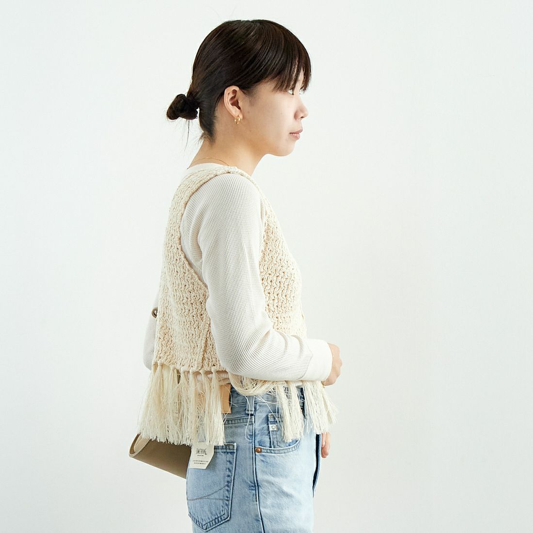 UNFIL [アンフィル] ダブルハニカムメッシュ フリンジニット [WVSP-UW112] MILK &&モデル身長：167cm 着用サイズ：1&&