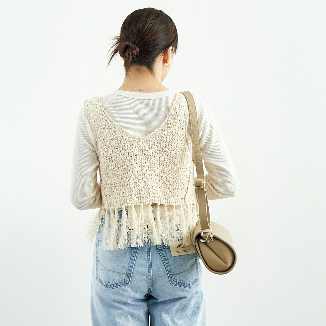 UNFIL [アンフィル] ダブルハニカムメッシュ フリンジニット [WVSP-UW112] MILK &&モデル身長：167cm 着用サイズ：1&&