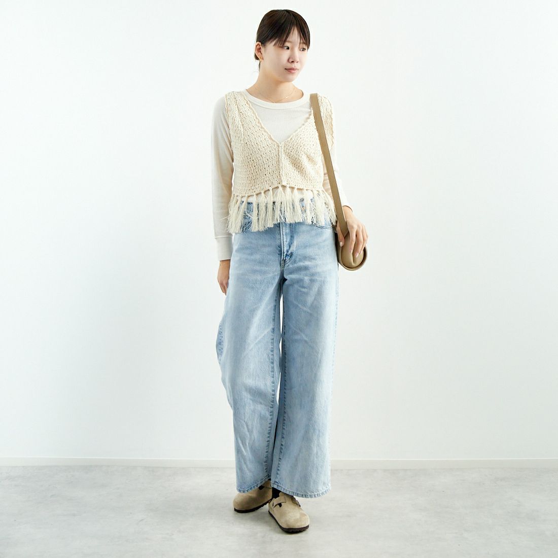 UNFIL [アンフィル] ダブルハニカムメッシュ フリンジニット [WVSP-UW112] MILK &&モデル身長：167cm 着用サイズ：1&&
