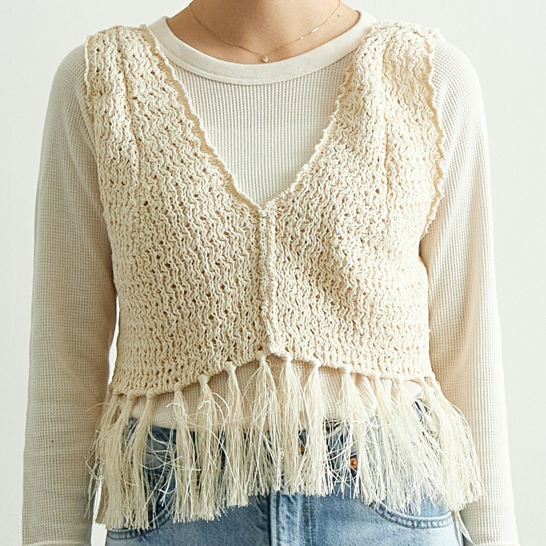 UNFIL [アンフィル] ダブルハニカムメッシュ フリンジニット [WVSP-UW112] MILK &&モデル身長：167cm 着用サイズ：1&&