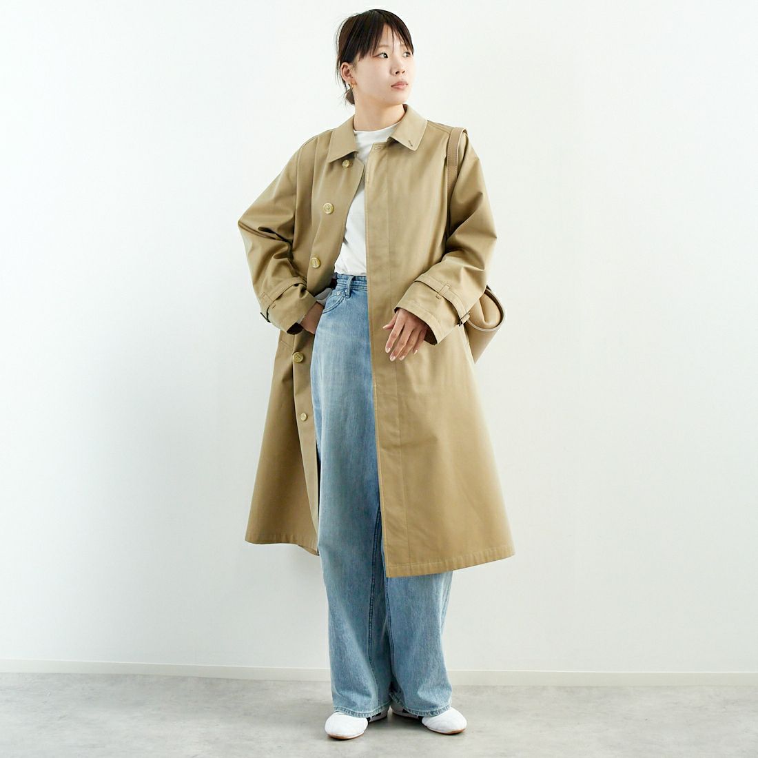 Gymphlex [ジムフレックス] ベルテッド バルマカーンコート [GY-A0677SYR] BEIGE &&モデル身長：167cm 着用サイズ：12&&