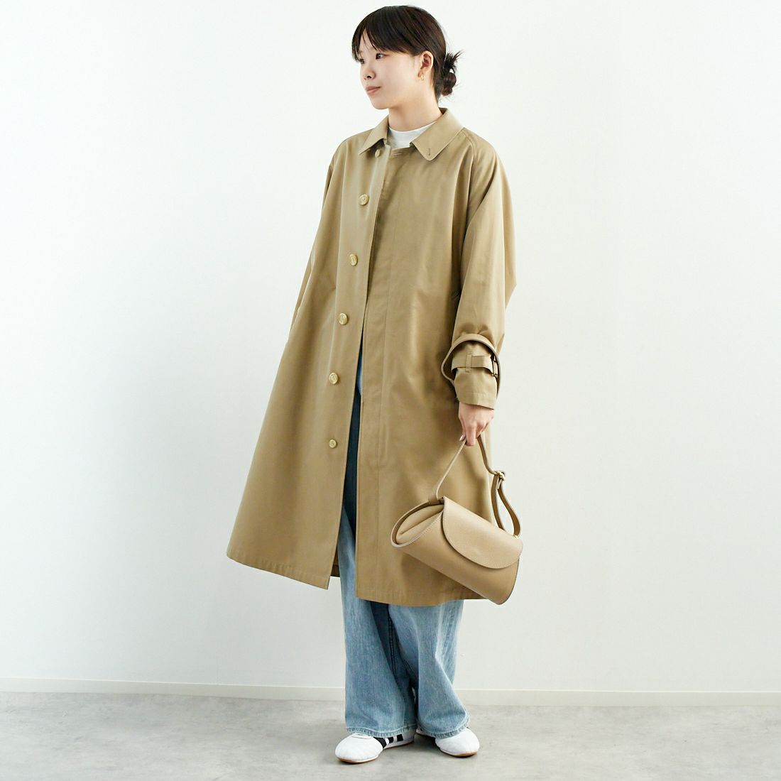 Gymphlex [ジムフレックス] ベルテッド バルマカーンコート [GY-A0677SYR] BEIGE &&モデル身長：167cm 着用サイズ：12&&