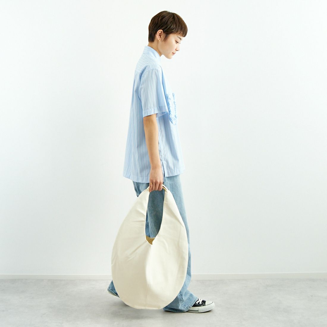 RhodolirioN [ロドリリオン] ストライプフリルポケットシャツ [QT1020] STRIPE &&モデル身長：160cm 着用サイズ：ONE SIZE&&