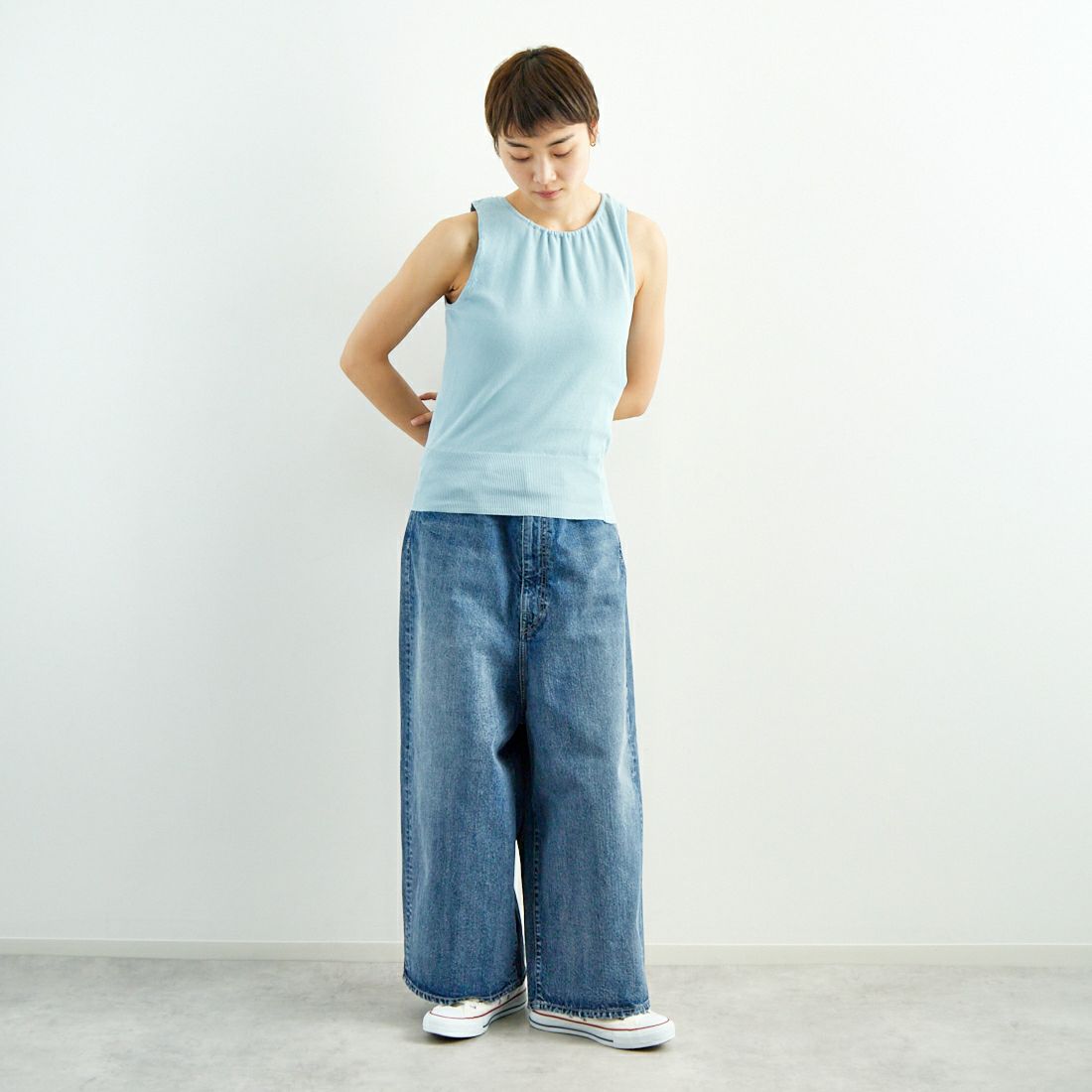 RhodolirioN [ロドリリオン] 2WAYシアータンクトップニット [QT1058] B SAX &&モデル身長：160cm 着用サイズ：ONE SIZE&&