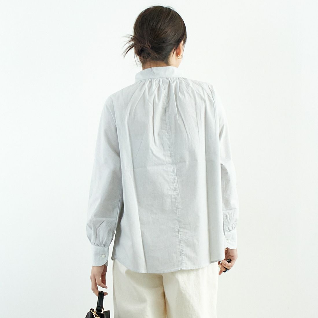 Commencement [コメンスメント] ストライプスタンドカラーシャツ [C-023S] BLACK &&モデル身長：167cm 着用サイズ：F&&