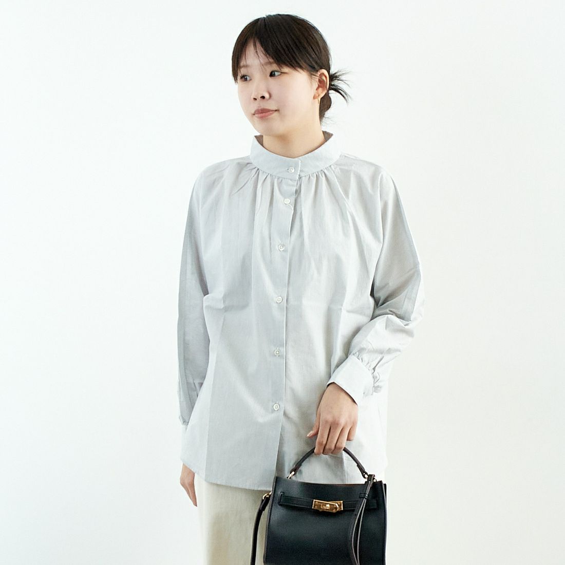 Commencement [コメンスメント] ストライプスタンドカラーシャツ [C-023S] BLACK &&モデル身長：167cm 着用サイズ：F&&