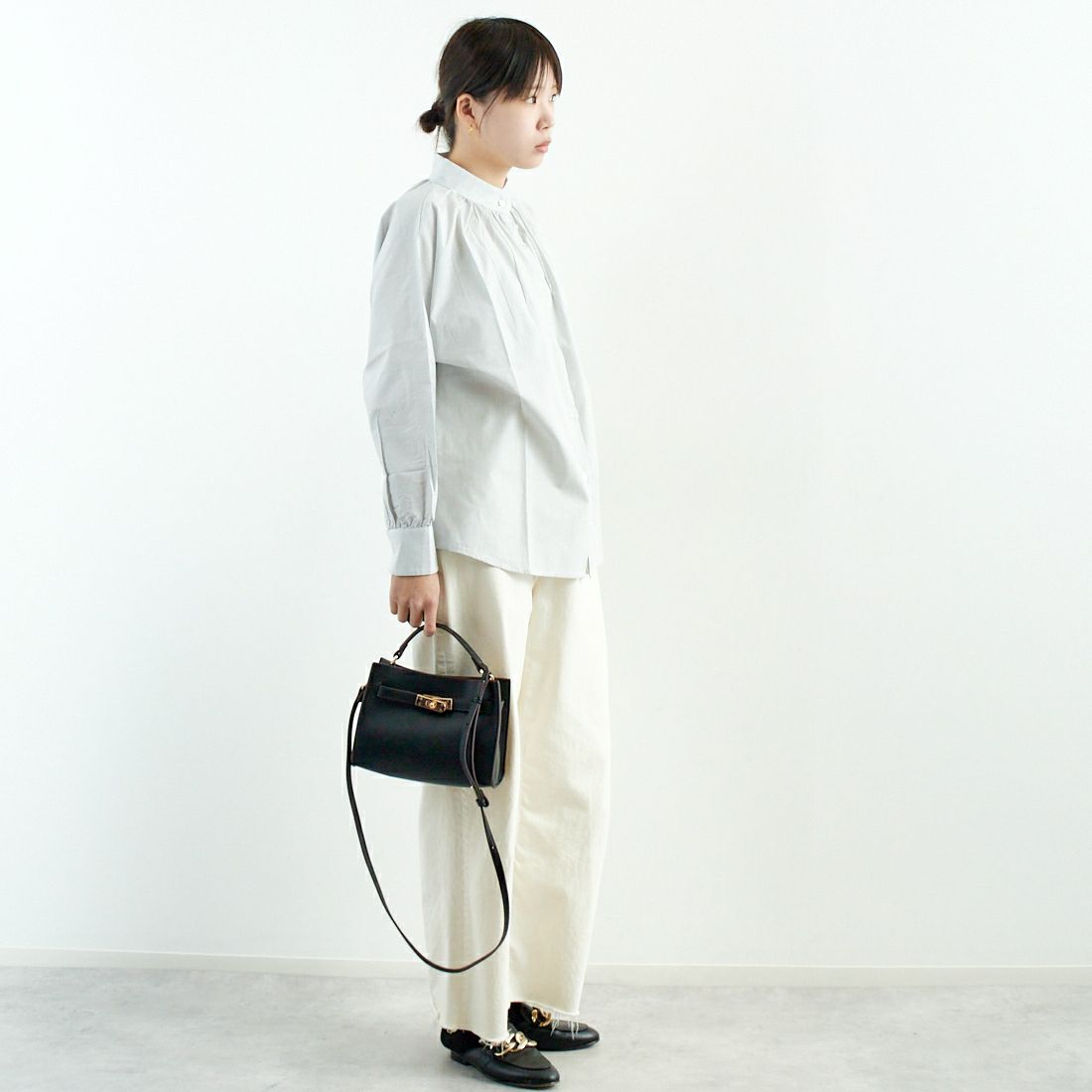 Commencement [コメンスメント] ストライプスタンドカラーシャツ [C-023S] BLACK &&モデル身長：167cm 着用サイズ：F&&