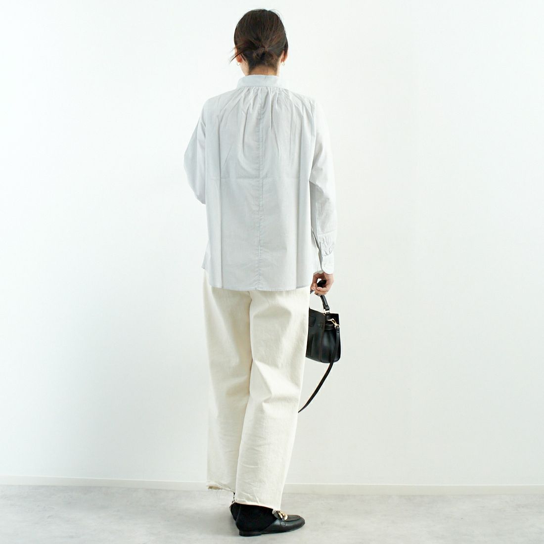Commencement [コメンスメント] ストライプスタンドカラーシャツ [C-023S] BLACK &&モデル身長：167cm 着用サイズ：F&&