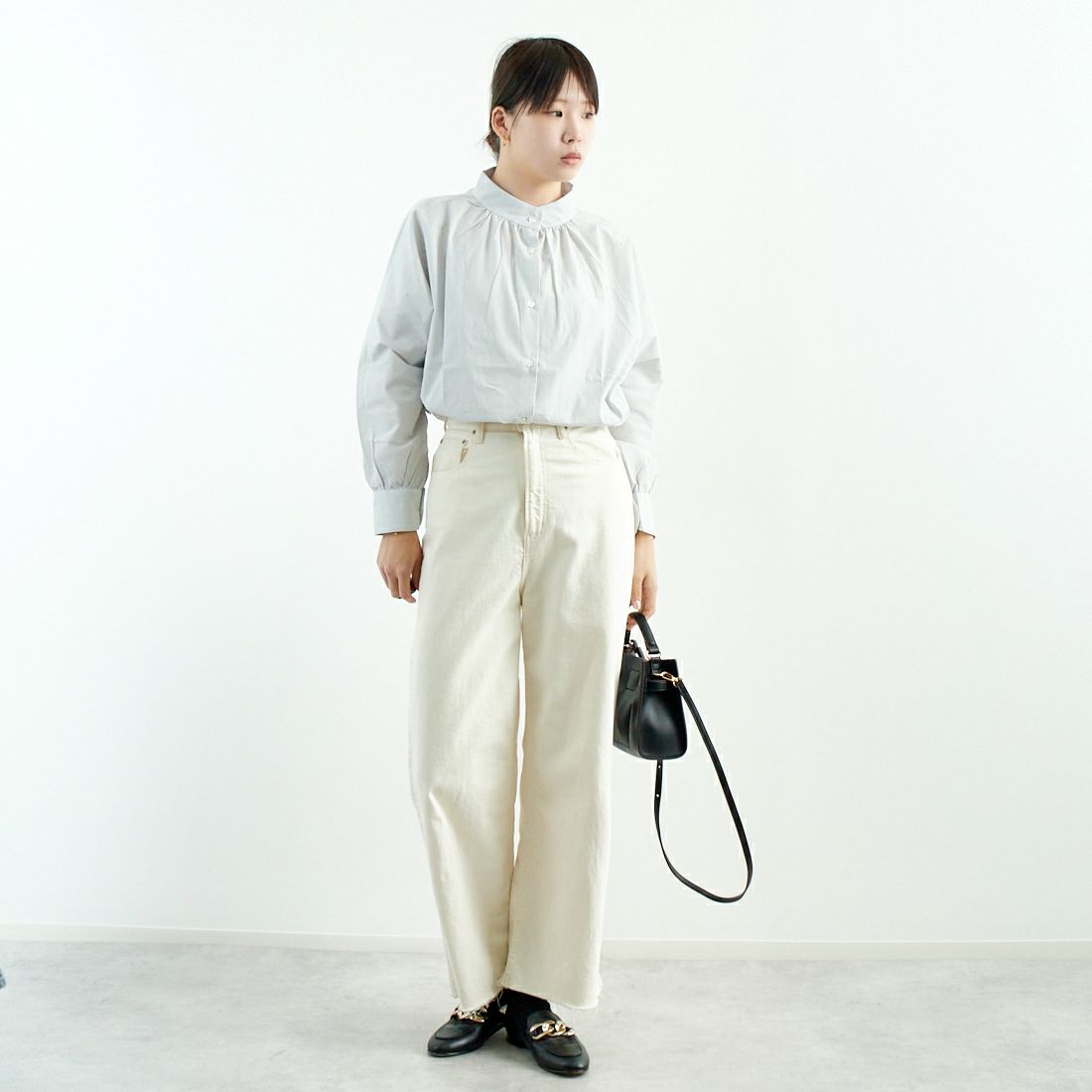 Commencement [コメンスメント] ストライプスタンドカラーシャツ [C-023S] BLACK &&モデル身長：167cm 着用サイズ：F&&