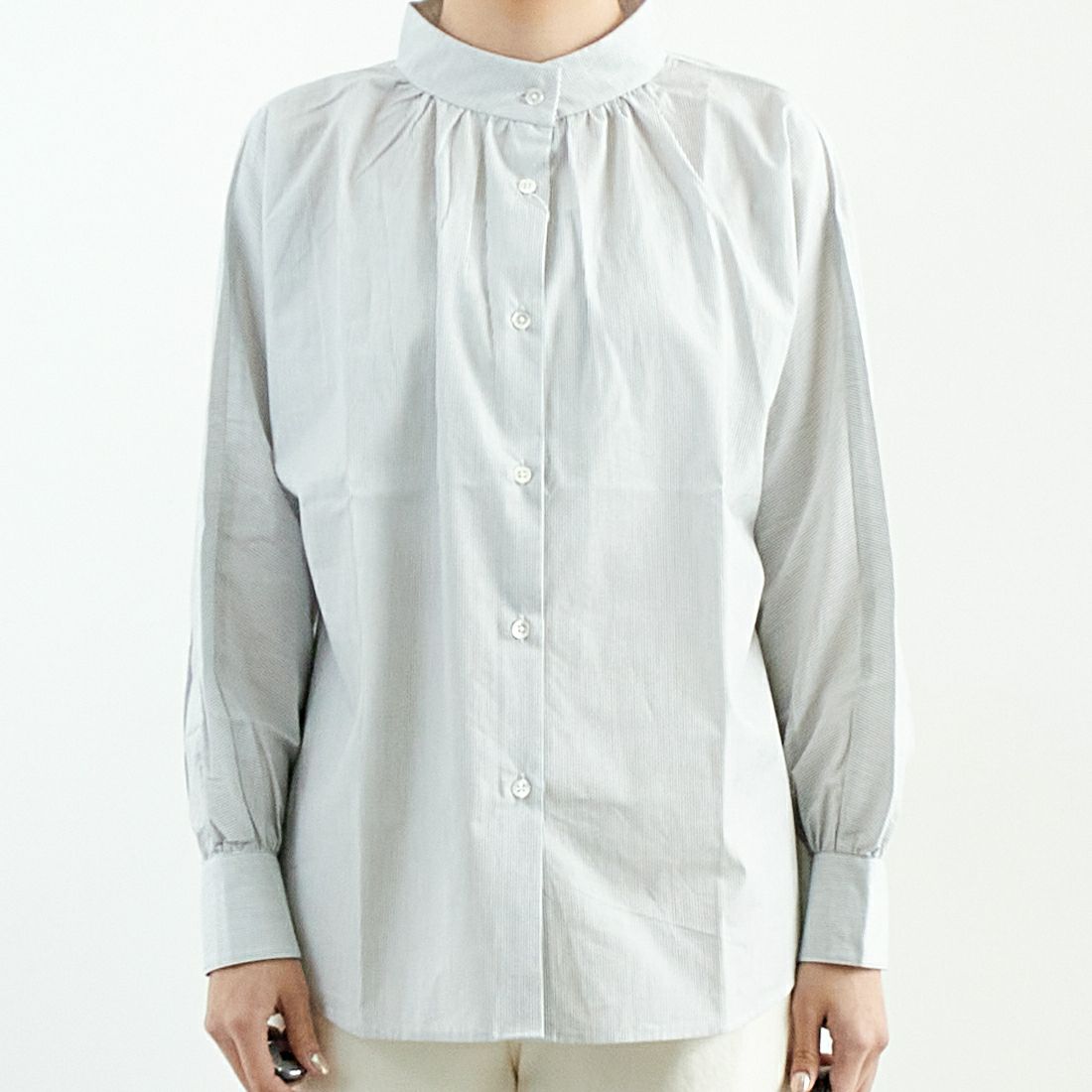 Commencement [コメンスメント] ストライプスタンドカラーシャツ [C-023S] BLACK &&モデル身長：167cm 着用サイズ：F&&
