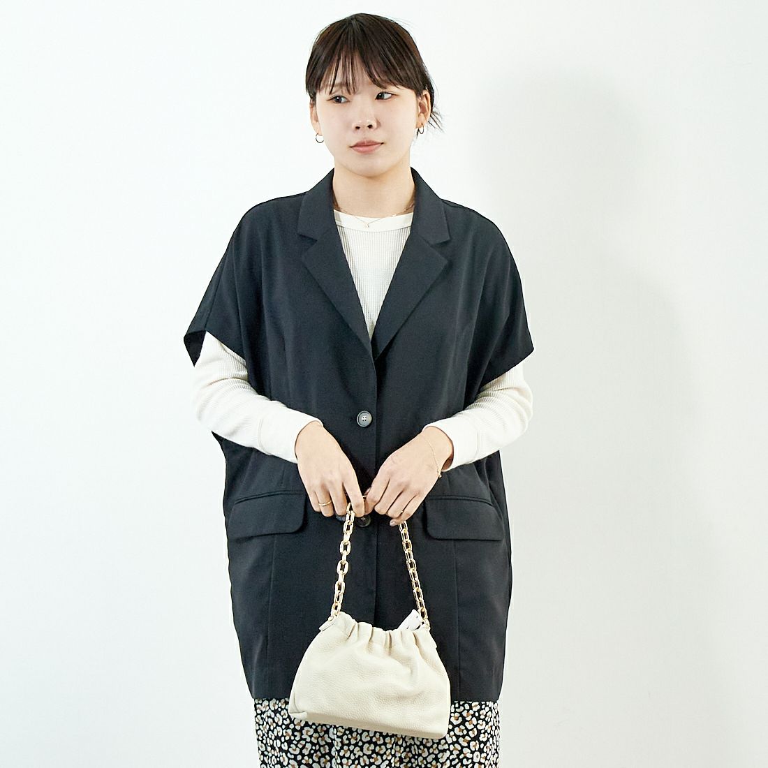 Jeans Factory Clothes [ジーンズファクトリークローズ] テーラードベスト [51085051] ﾁｬｺｰﾙ &&モデル身長：167cm 着用サイズ：F&&