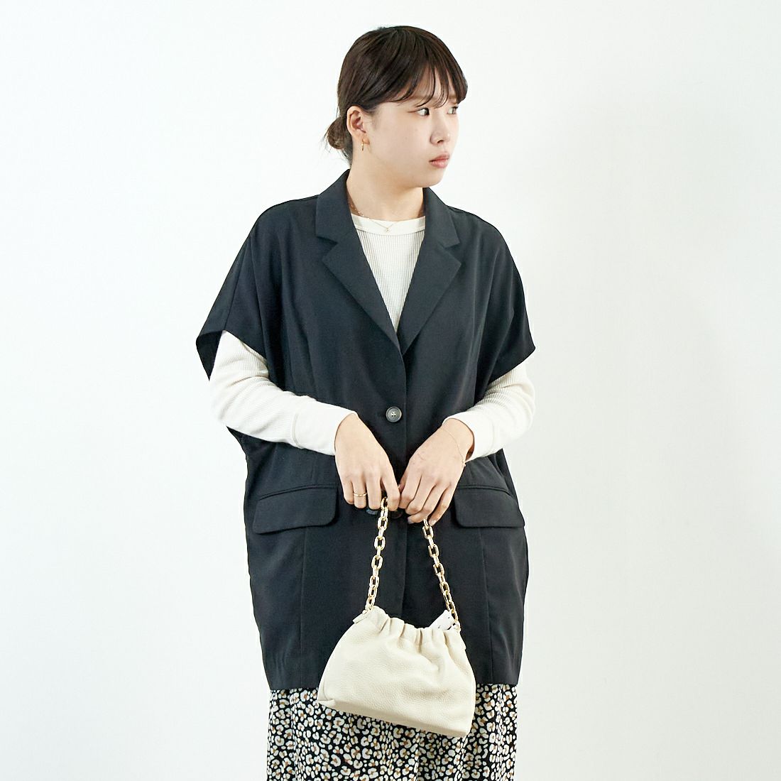 Jeans Factory Clothes [ジーンズファクトリークローズ] テーラードベスト [51085051] ﾁｬｺｰﾙ &&モデル身長：167cm 着用サイズ：F&&