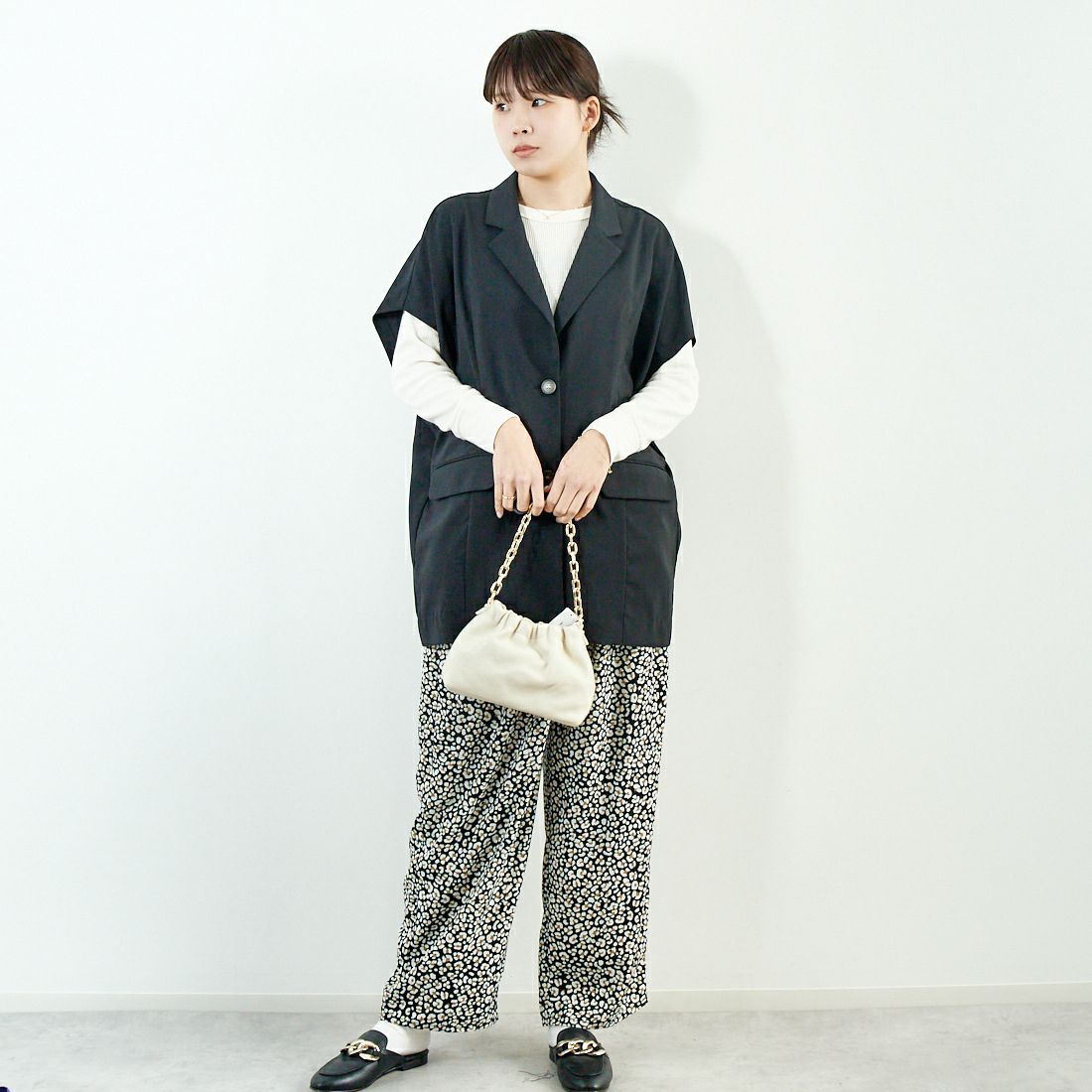 Jeans Factory Clothes [ジーンズファクトリークローズ] テーラードベスト [51085051] ﾁｬｺｰﾙ &&モデル身長：167cm 着用サイズ：F&&