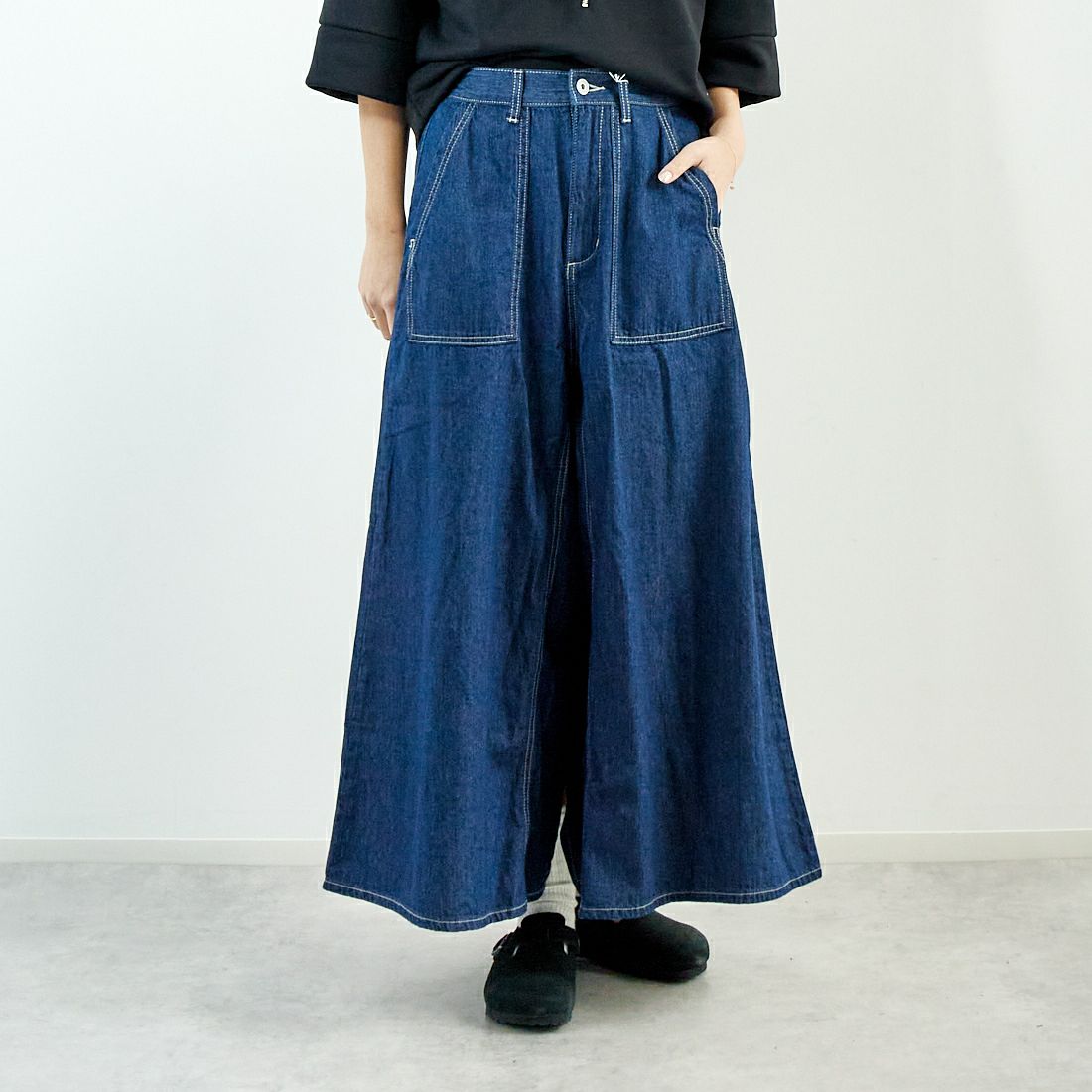 Kelen [ケレン] フロントパンツバックスカートデニム [LKL25HPT2091] ONE WASH &&モデル身長：167cm 着用サイズ：S&&