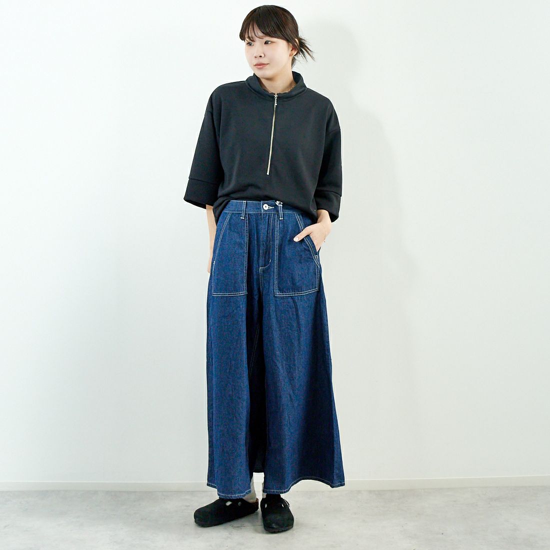 Kelen [ケレン] フロントパンツバックスカートデニム [LKL25HPT2091] ONE WASH &&モデル身長：167cm 着用サイズ：S&&