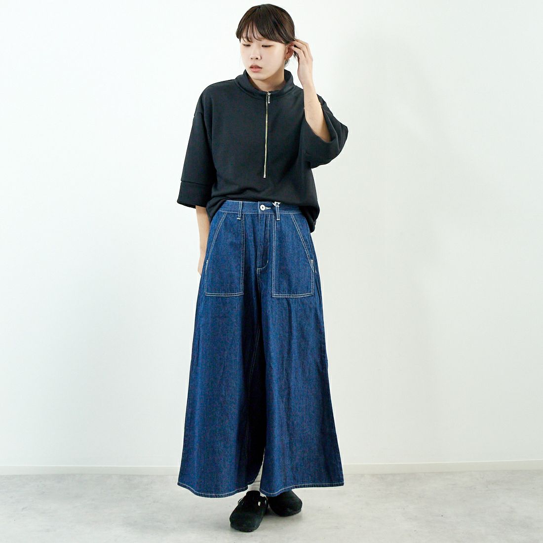 Kelen [ケレン] フロントパンツバックスカートデニム [LKL25HPT2091] ONE WASH &&モデル身長：167cm 着用サイズ：S&&