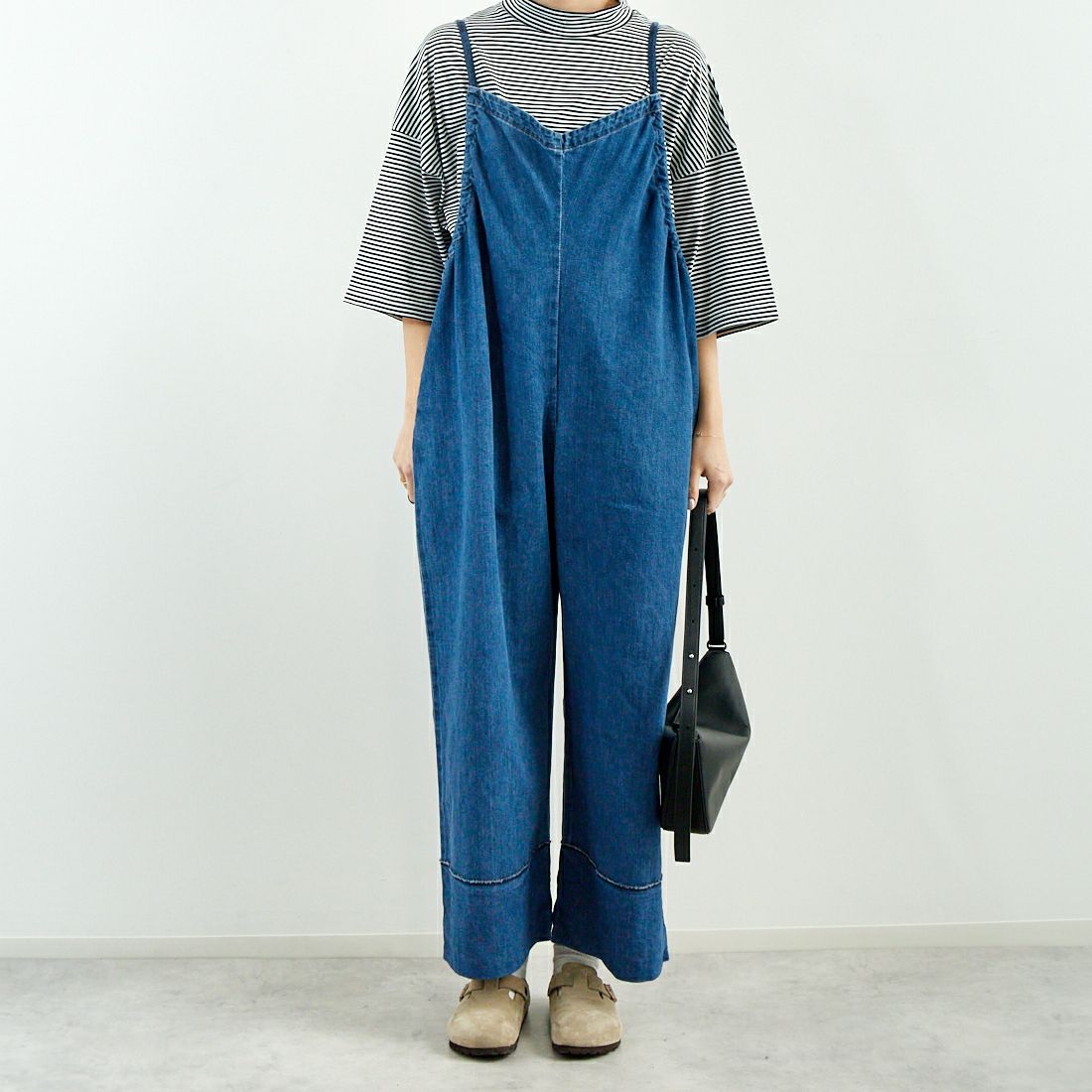 MEYAME [メヤメ] デニムギャザード オールインワン [MEY-2020] BLUE &&モデル身長：167cm 着用サイズ：F&&