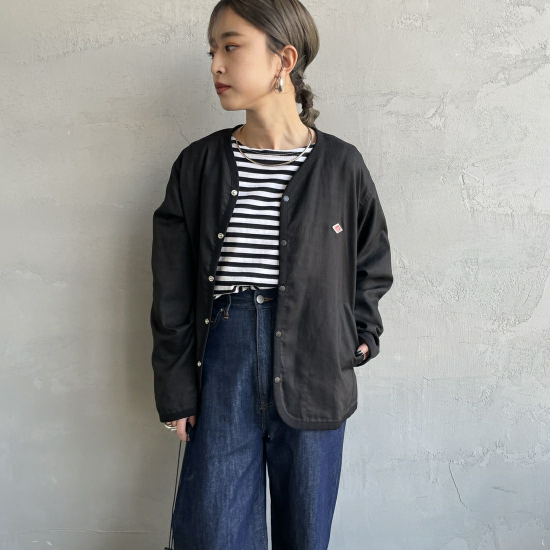 DANTON [ダントン] Vネック リネンシャツカーディガン [DT-B0349LIP] BLACK &&モデル身長：150cm 着用サイズ：36&&