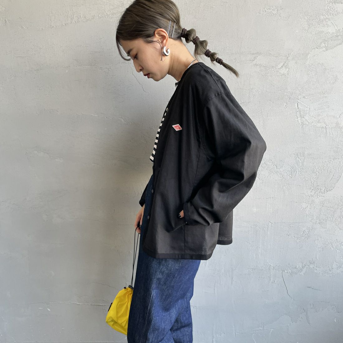 DANTON [ダントン] Vネック リネンシャツカーディガン [DT-B0349LIP] BLACK &&モデル身長：150cm 着用サイズ：36&&
