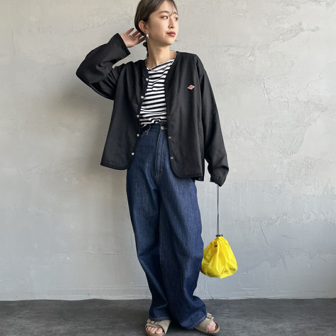 DANTON [ダントン] Vネック リネンシャツカーディガン [DT-B0349LIP] BLACK &&モデル身長：150cm 着用サイズ：36&&
