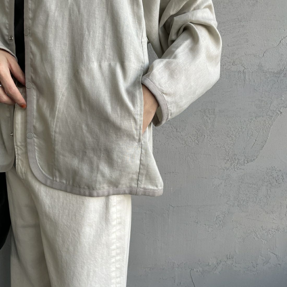 DANTON [ダントン] Vネック リネンシャツカーディガン [DT-B0349LIP] &&モデル身長：160cm 着用サイズ：38&&